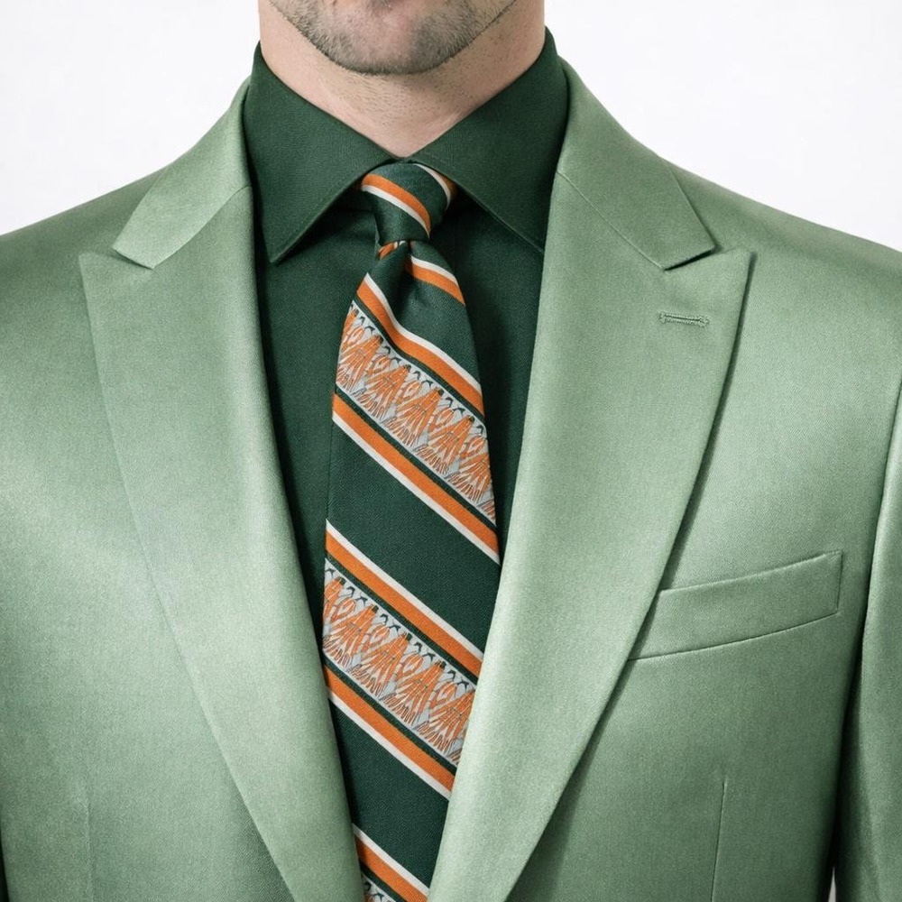 70s Vintage Green & Orange Printed Neck Tie Diagonal Striped Mod Statement Disco
